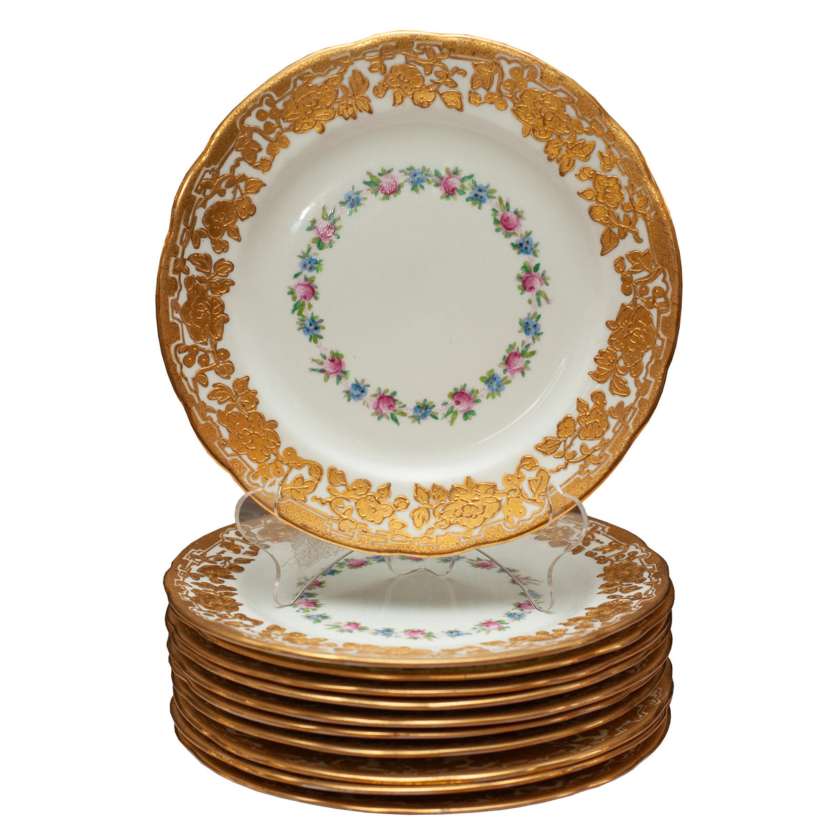 ANTIQUE SET OF 11 DESSERT PLATES EMBOSSED WITH GOLD FLOWERS – MAISON NURITA