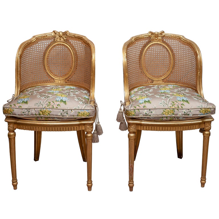 ANTIQUE PAIR OF FRENCH GILDED CHAIRS WITH CANE WEBBING AND UPHOLSTERED –  MAISON NURITA