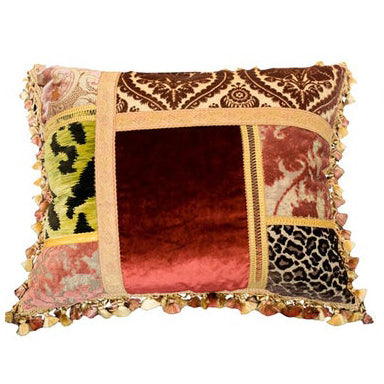 PAIR OF STUDIO MAISON NURITA PATCHWORK SILK & CUT PILE VELVET PILLOWS WITH METALLIC GIMP AND TASSEL TRIM