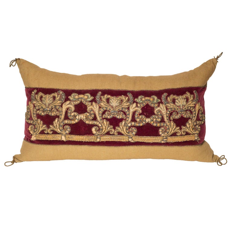 LARGE BEIGE LINEN PILLOW WITH BURGUNDY VELVET & ANTIQUE METALLIC EMBROIDERY