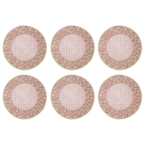 CONTEMPORARY SET OF 6 NATURAL AND PINK RATTAN HANDWOVEN PLACEMATS