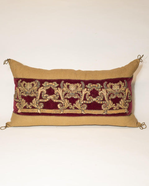 LARGE BEIGE LINEN PILLOW WITH BURGUNDY VELVET & ANTIQUE METALLIC EMBROIDERY