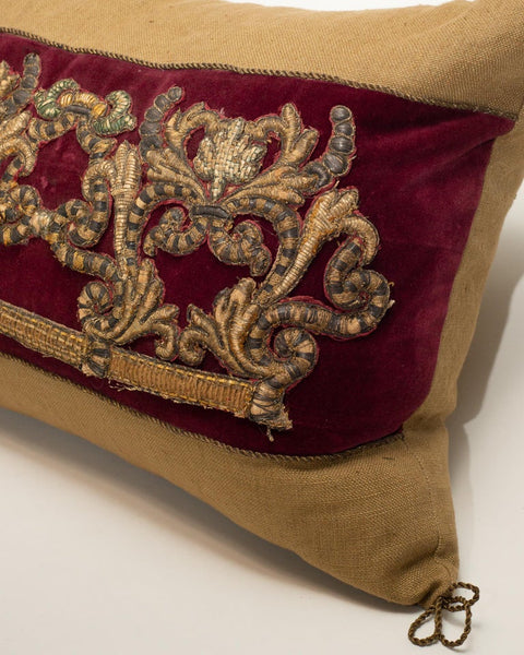 LARGE BEIGE LINEN PILLOW WITH BURGUNDY VELVET & ANTIQUE METALLIC EMBROIDERY