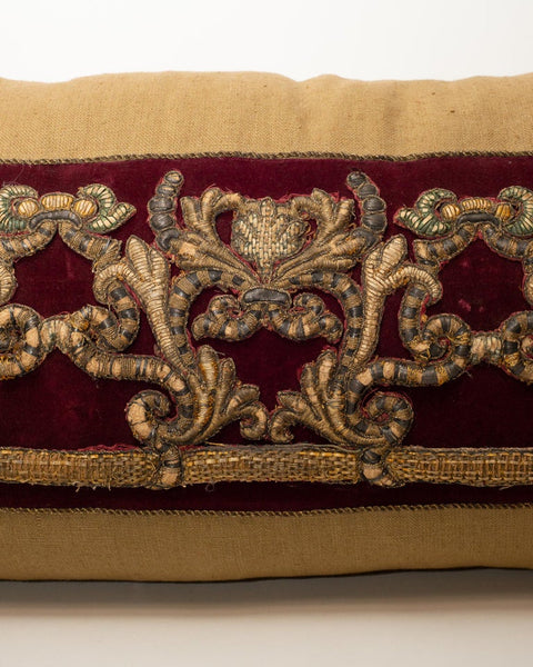 LARGE BEIGE LINEN PILLOW WITH BURGUNDY VELVET & ANTIQUE METALLIC EMBROIDERY