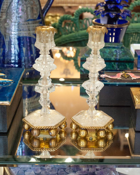 CONTEMPORARY PAIR OF FINELY CARVED CLEAR ROCK CRYSTAL QUARTZ CANDLESTICKS