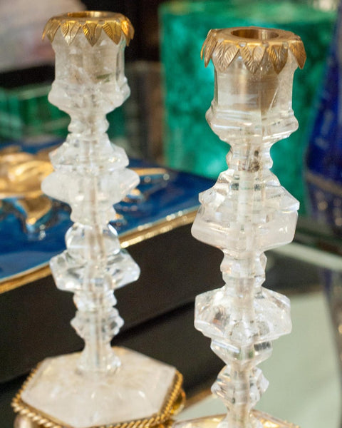 CONTEMPORARY PAIR OF FINELY CARVED CLEAR ROCK CRYSTAL QUARTZ CANDLESTICKS