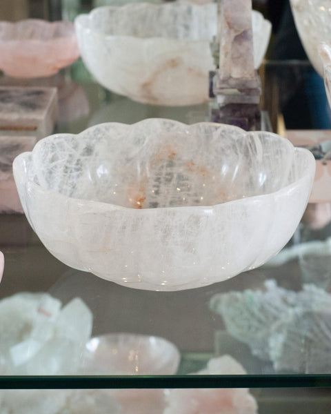 Contemporary Large Scale Scalloped Oval Rock Crystal Bowl with Foot