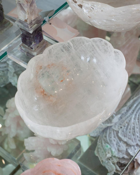 Contemporary Large Scale Scalloped Oval Rock Crystal Bowl with Foot