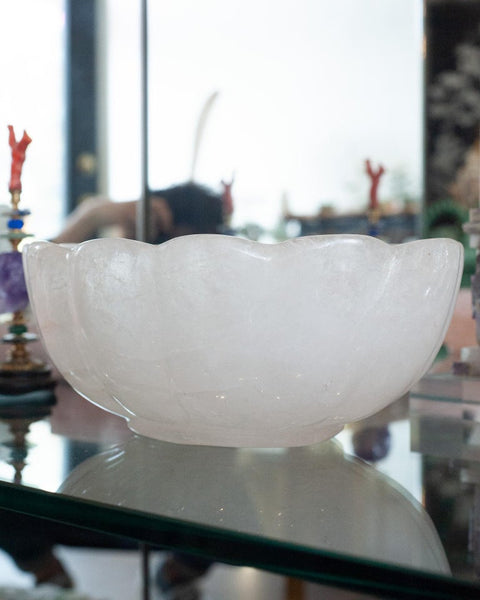 Contemporary Large Scale Scalloped Oval Rock Crystal Bowl with Foot