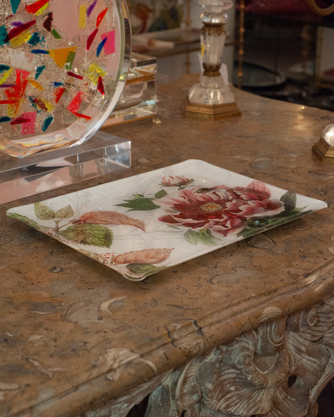 CONTEMPORARY SMALL ACRYLIC SERVING TRAY WITH FLORAL PRINTED CAPTURED LINEN