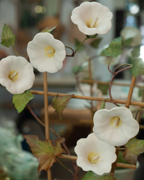 SAMUEL MAZY WHITE BISCUIT PORCELAIN MORNING GLORY WITH TRELLIS IN A LATTICE POT