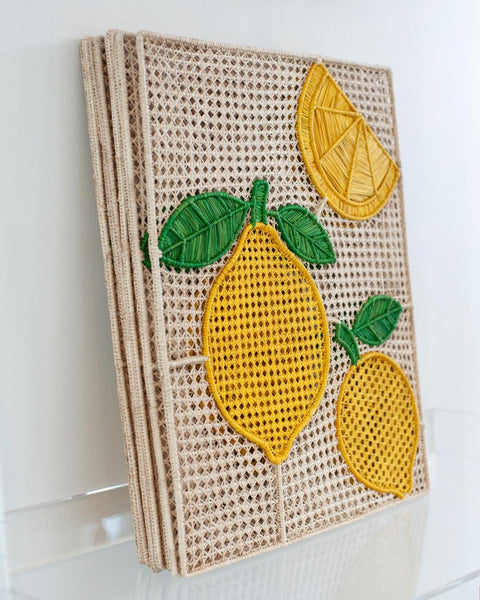 CONTEMPORARY SET OF 8 HANDWOVEN RATTAN LEMONS PLACEMATS