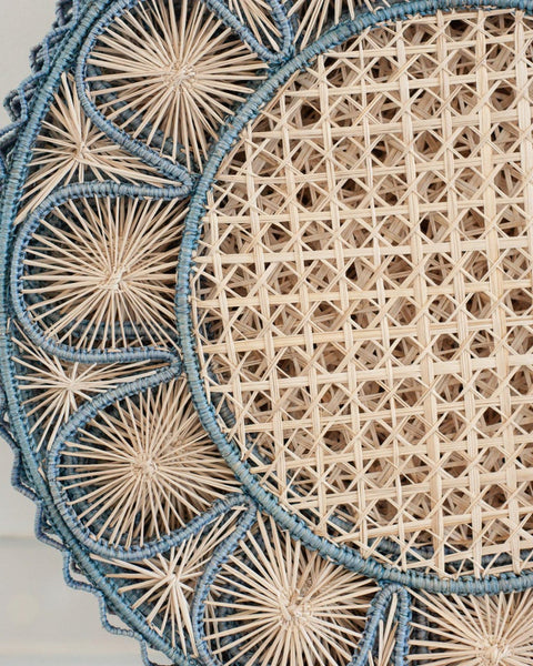 CONTEMPORARY SET OF 6 HANDWOVEN NATURAL AND SKY BLUE RATTAN PLACEMATS