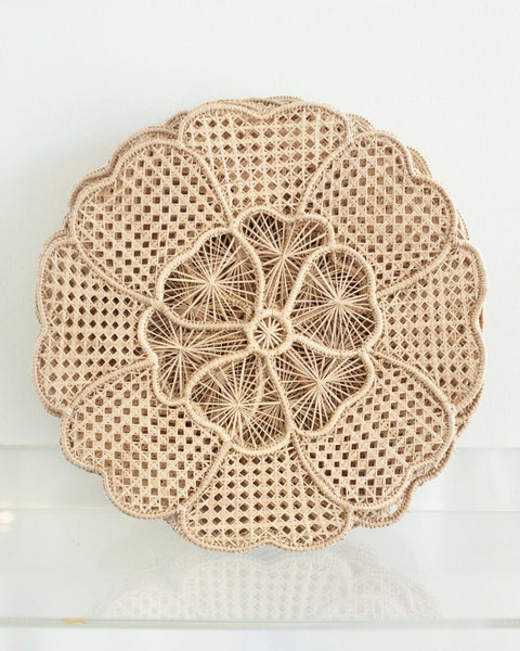 CONTEMPORARY SET OF 12 HANDWOVEN NATURAL RATTAN FLOWER PLACEMATS