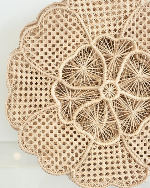 CONTEMPORARY SET OF 12 HANDWOVEN NATURAL RATTAN FLOWER PLACEMATS