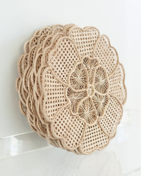 CONTEMPORARY SET OF 12 HANDWOVEN NATURAL RATTAN FLOWER PLACEMATS