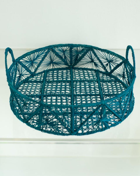 CONTEMPORARY ROUND HANDWOVEN TURQUOISE RATTAN SERVING TRAY / BASKET