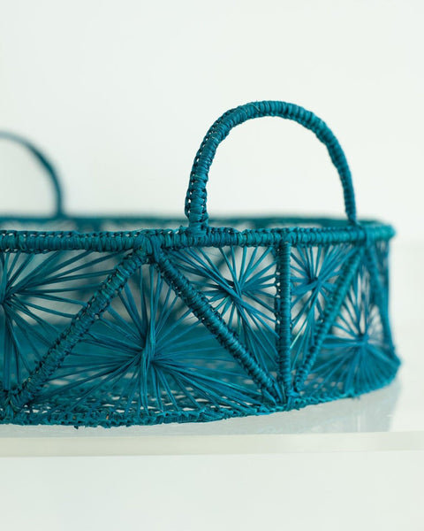 CONTEMPORARY ROUND HANDWOVEN TURQUOISE RATTAN SERVING TRAY / BASKET