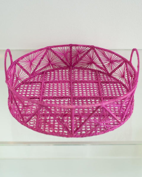 CONTEMPORARY ROUND HANDWOVEN HOT PINK RATTAN SERVING TRAY / BASKET