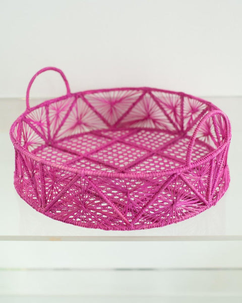 CONTEMPORARY ROUND HANDWOVEN HOT PINK RATTAN SERVING TRAY / BASKET