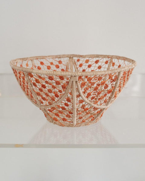 CONTEMPORARY ROUND HANDWOVEN RATTAN BOWL WITH CORAL KNOTS