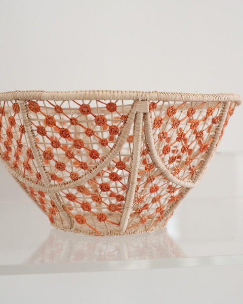 CONTEMPORARY ROUND HANDWOVEN RATTAN BOWL WITH CORAL KNOTS