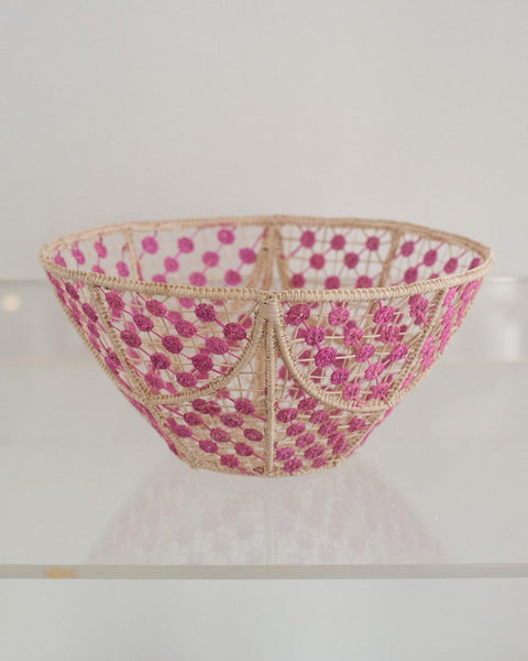 CONTEMPORARY ROUND HANDWOVEN RATTAN BOWL WITH PINK KNOTS