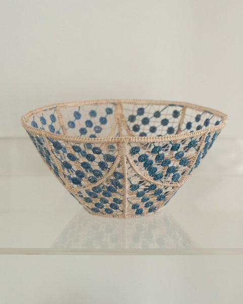 CONTEMPORARY ROUND HANDWOVEN RATTAN BOWL WITH SKY BLUE KNOTS