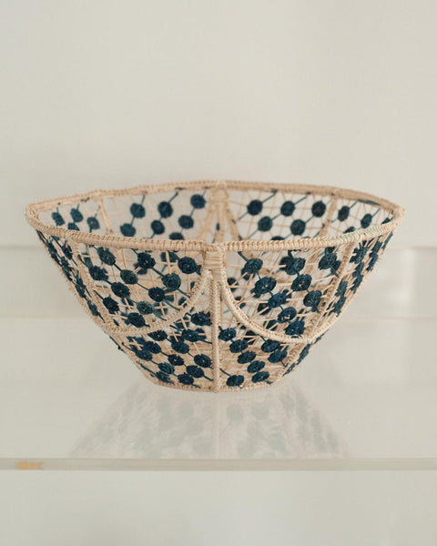 CONTEMPORARY ROUND HANDWOVEN RATTAN BOWL WITH NAVY KNOTS