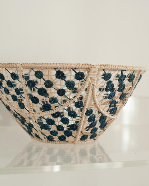 CONTEMPORARY ROUND HANDWOVEN RATTAN BOWL WITH NAVY KNOTS