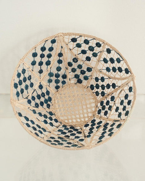 CONTEMPORARY ROUND HANDWOVEN RATTAN BOWL WITH NAVY KNOTS