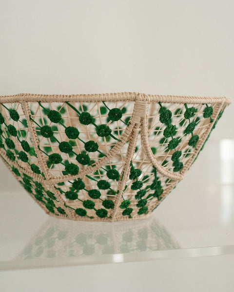 CONTEMPORARY ROUND HANDWOVEN RATTAN BOWL WITH GREEN KNOTS