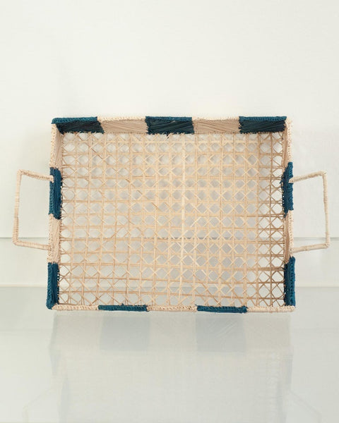 CONTEMPORARY CHECKERED RECTANGULAR RATTAN SERVING TRAY WITH HANDLES