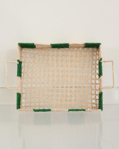 CONTEMPORARY CHECKERED RECTANGULAR RATTAN SERVING TRAY WITH HANDLES