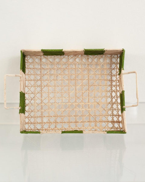 CONTEMPORARY CHECKERED RECTANGULAR RATTAN SERVING TRAY WITH HANDLES