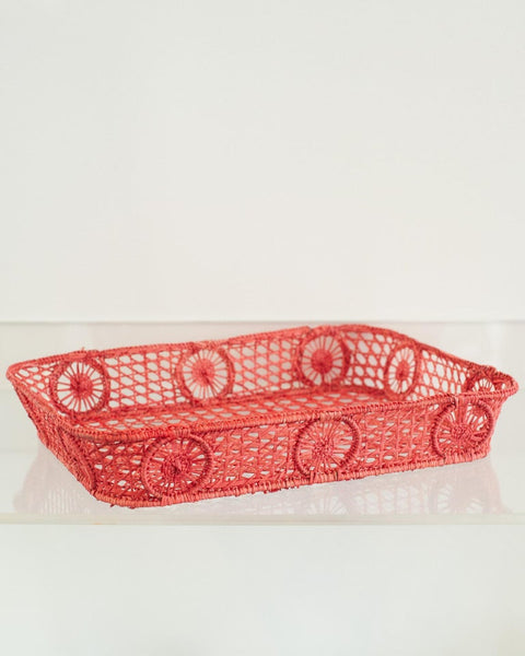 CONTEMPORARY RECTANGULAR RATTAN SERVING TRAY IN CORAL WITH ROUNDED CORNERS