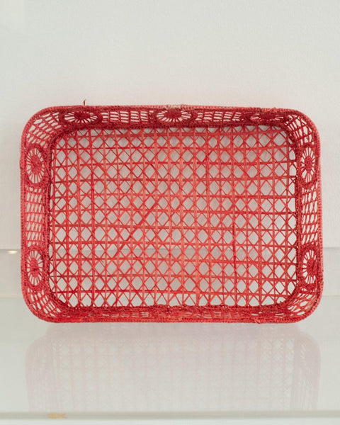 CONTEMPORARY RECTANGULAR RATTAN SERVING TRAY IN CORAL WITH ROUNDED CORNERS