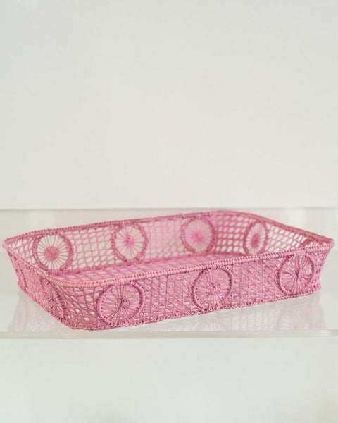 CONTEMPORARY RECTANGULAR RATTAN SERVING TRAY IN SOFT PINK WITH ROUNDED CORNERS