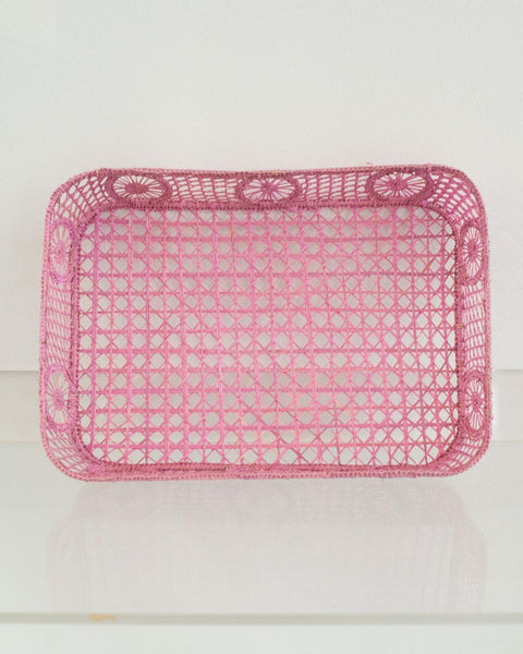 CONTEMPORARY RECTANGULAR RATTAN SERVING TRAY IN SOFT PINK WITH ROUNDED CORNERS