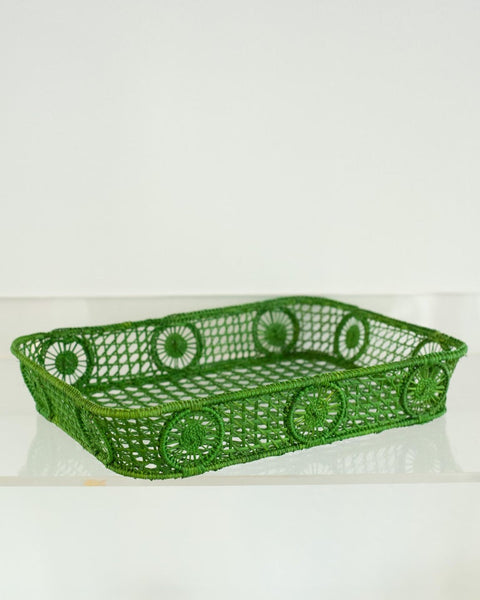 CONTEMPORARY RECTANGULAR RATTAN SERVING TRAY IN GREEN WITH ROUNDED CORNERS