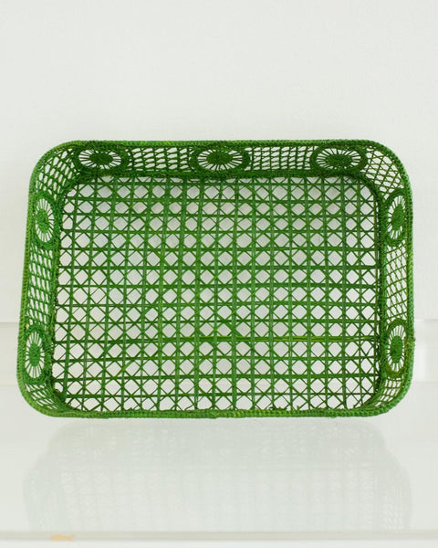 CONTEMPORARY RECTANGULAR RATTAN SERVING TRAY IN GREEN WITH ROUNDED CORNERS