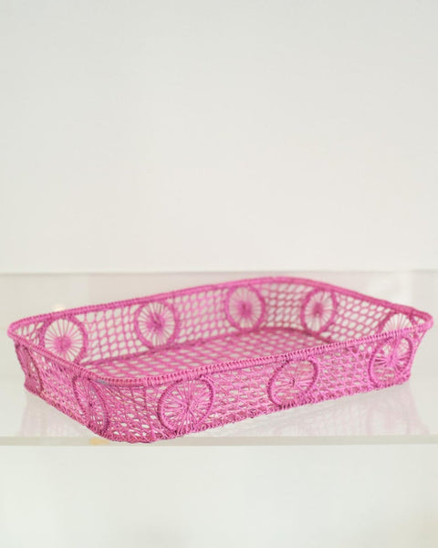 CONTEMPORARY RECTANGULAR RATTAN SERVING TRAY IN PINK WITH ROUNDED CORNERS