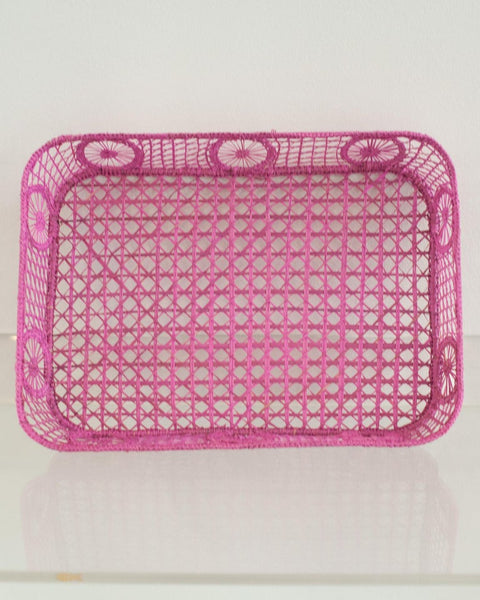 CONTEMPORARY RECTANGULAR RATTAN SERVING TRAY IN PINK WITH ROUNDED CORNERS