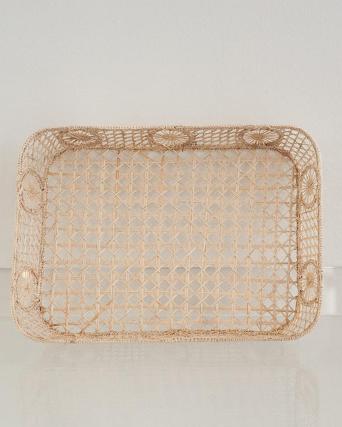 CONTEMPORARY RECTANGULAR RATTAN SERVING TRAY IN NATURAL WITH ROUNDED CORNERS