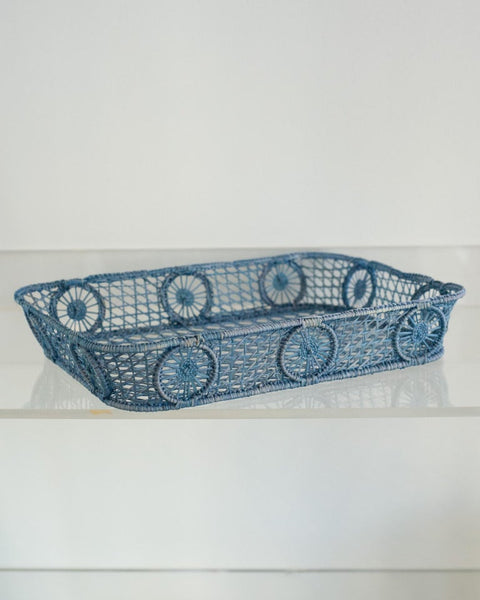 CONTEMPORARY RECTANGULAR RATTAN SERVING TRAY IN SKY BLUE WITH ROUNDED CORNERS