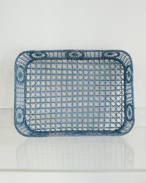 CONTEMPORARY RECTANGULAR RATTAN SERVING TRAY IN SKY BLUE WITH ROUNDED CORNERS