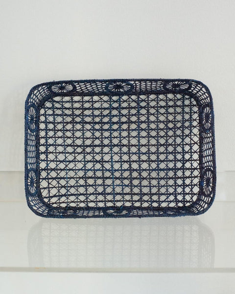 CONTEMPORARY RECTANGULAR RATTAN SERVING TRAY IN NAVY WITH ROUNDED CORNERS