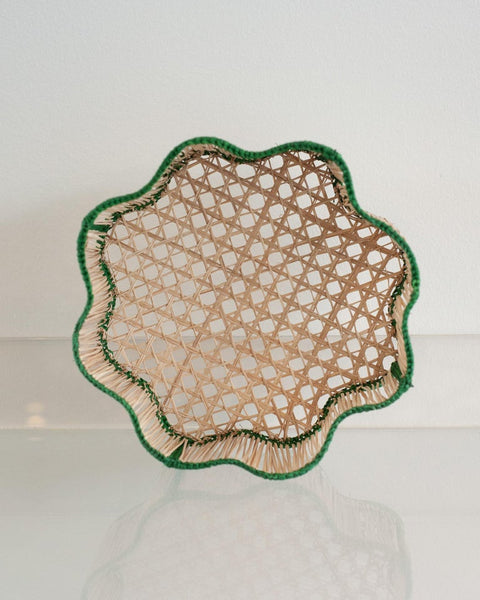 CONTEMPORARY ROUND WAVY WOVEN RATTAN BOWL / BASKET IN GREEN