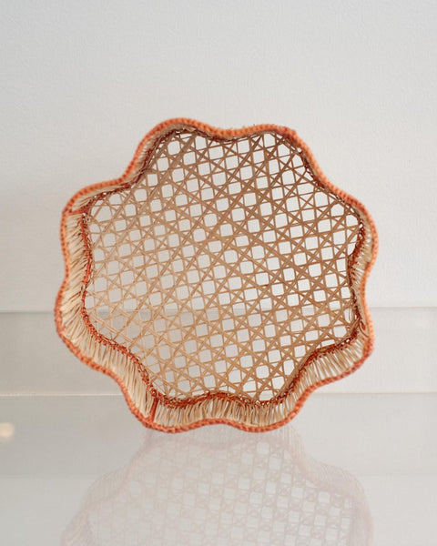 CONTEMPORARY ROUND WAVY WOVEN RATTAN BOWL / BASKET IN CORAL