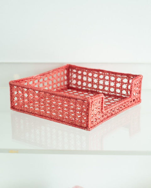 CONTEMPORARY WOVEN RATTAN NAPKIN HOLDER IN CORAL